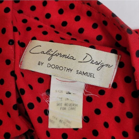 VINTAGE 80s red and black polka dot long sleeve modest midi dress M - Picture 4 of 10